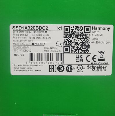 Schneider Electric SSD1A320BDC2 Solid State Relay SSR Βάση Ράγας DIN Ρεύμα Φορτίου 20A Έξοδος 48-600V AC Έλεγχος 4-32V DC